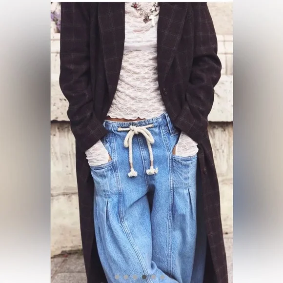 Free People Margo Barrel Pull On Jeans We The Free Rope Tie Bergamot Blue - Picture 4 of 7